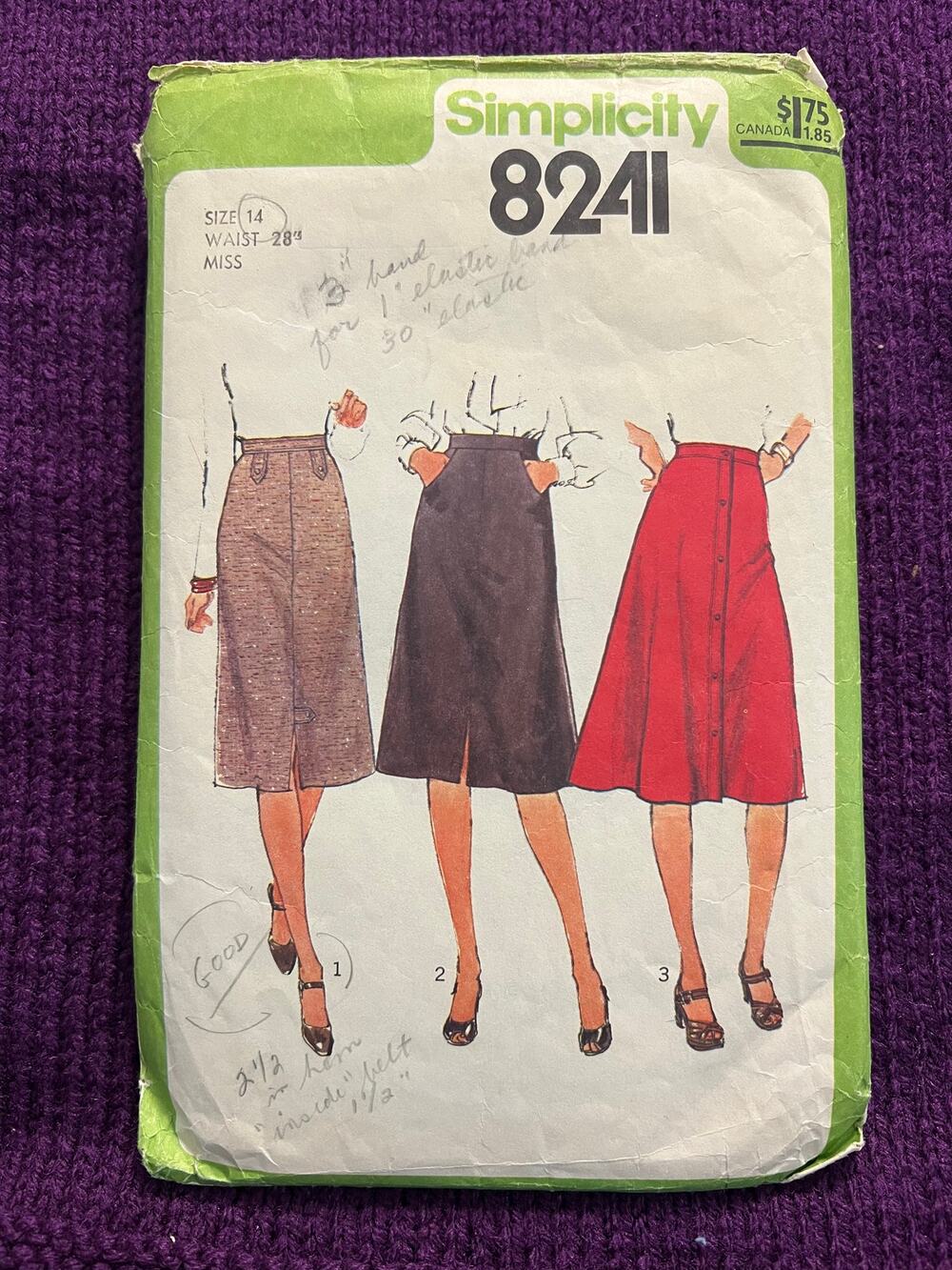 Simplicity 8241 Sewing pattern Aline straight midi skirt pants 1970s size 14